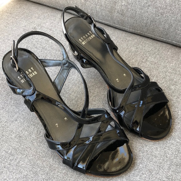 STUART WEITZMAN - Operetta Black Patent Strappy Heeled Sandals - Picture 2 of 13